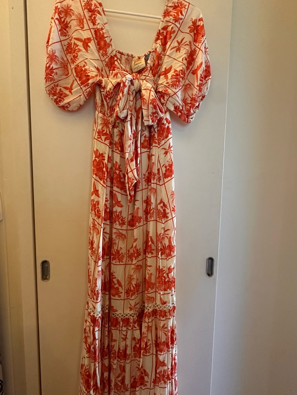 Y2K FARM Rio Cream Maxi Dress with Orange Floral Print and Tie Front Fall